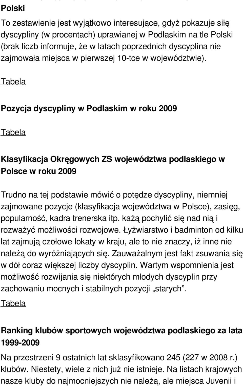 Pozycja dyscypliny w Podlaskim w roku 2009 Klasyfikacja Okręgowych ZS województwa podlaskiego w Polsce w roku 2009 Trudno na tej podstawie mówić o potędze dyscypliny, niemniej zajmowane pozycje