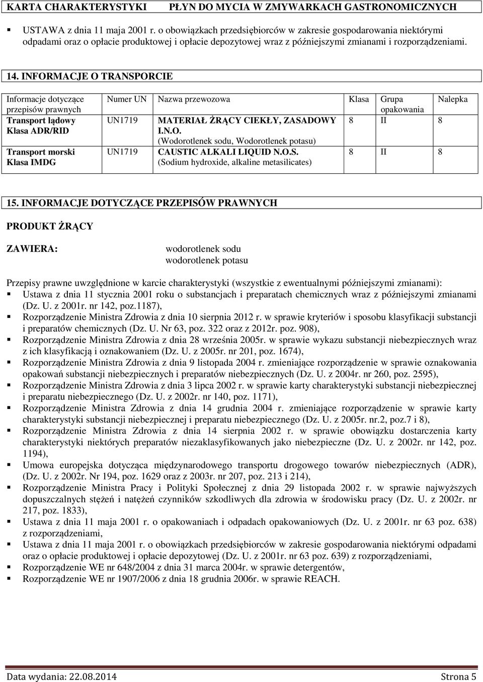 INFORMACJE O TRANSPORCIE Informacje dotyczące przepisów prawnych Transport lądowy Klasa ADR/RID Transport morski Klasa IMDG Numer UN Nazwa przewozowa Klasa Grupa opakowania Nalepka UN1719 MATERIAŁ