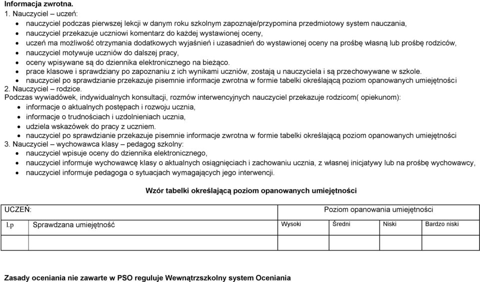 uczeń ma możliwość otrzymania dodatkowych wyjaśnień i uzasadnień do wystawionej oceny na prośbę własną lub prośbę rodziców, nauczyciel motywuje uczniów do dalszej pracy, oceny wpisywane są do