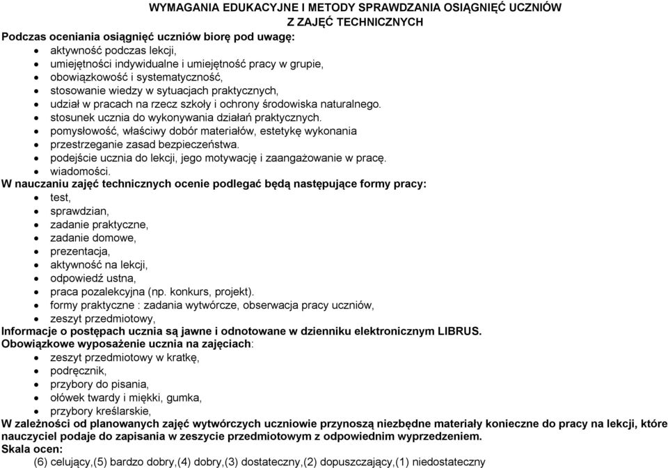 stosunek ucznia do wykonywania działań praktycznych. pomysłowość, właściwy dobór materiałów, estetykę wykonania przestrzeganie zasad bezpieczeństwa.