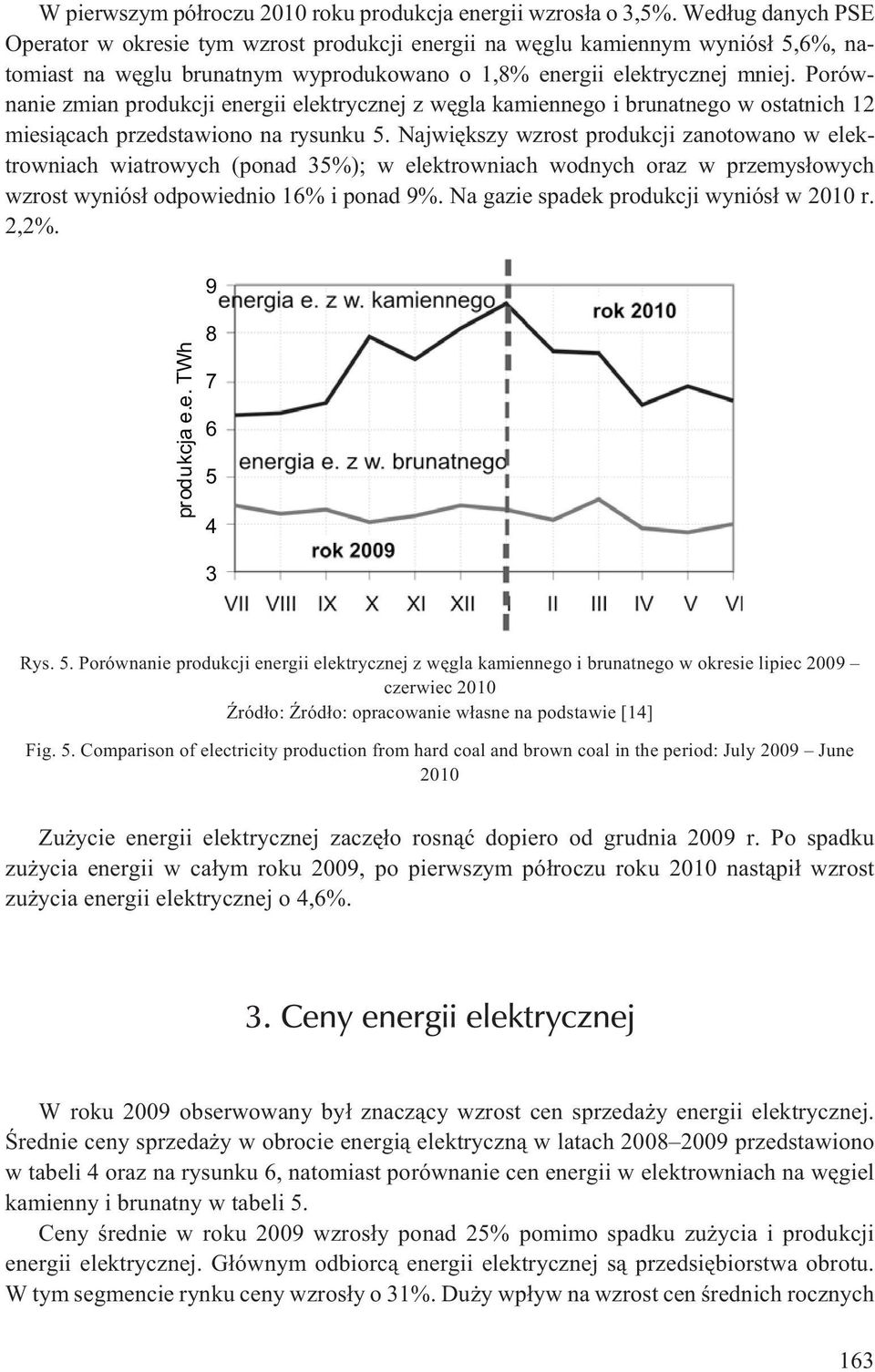 Porównanie zmian produkcji energii elektrycznej z wêgla kamiennego i brunatnego w ostatnich 12 miesi¹cach przedstawiono na rysunku 5.