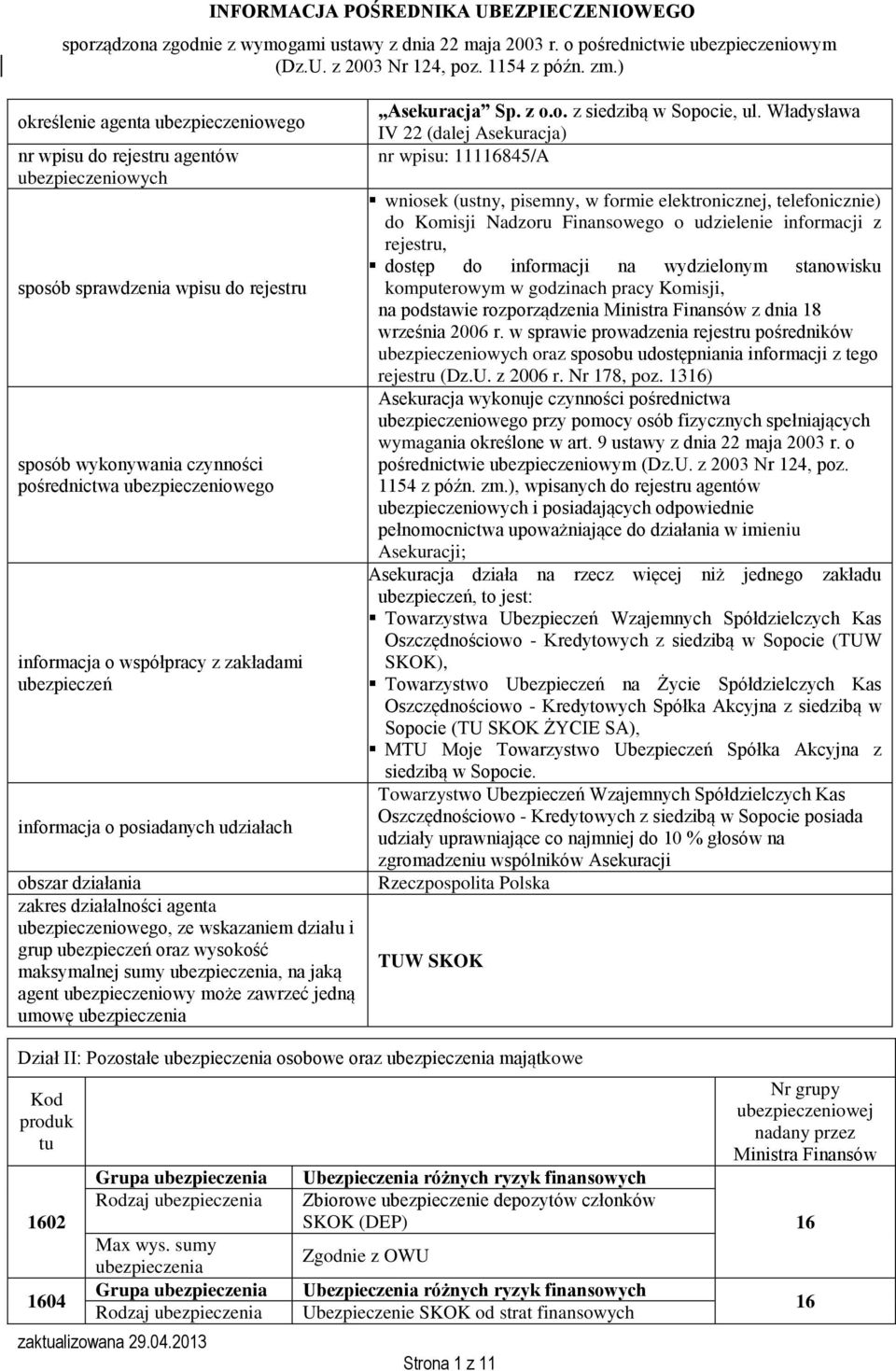 współpracy z zakładami ubezpieczeń informacja o posiadanych udziałach obszar działania zakres działalności agenta ubezpieczeniowego, ze wskazaniem działu i grup ubezpieczeń oraz wysokość maksymalnej