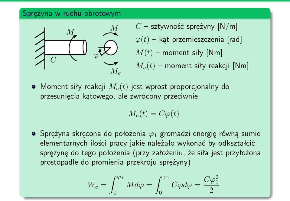 Cϕ(t) Sprężyna skręcona do położenia ϕ 1 gromadzi energię równą sumie elementarnych ilości pracy jakie należało wykonać by odkształcić