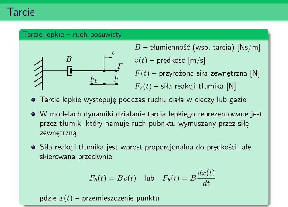 podczas ruchu ciała w cieczy lub gazie W modelach dynamiki działanie tarcia lepkiego reprezentowane jest przez tłumik, który hamuje