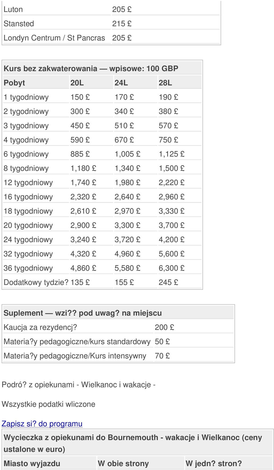 3,300 3,700 24 tygodniowy 3,240 3,720 4,200 32 tygodniowy 4,320 4,960 5,600 36 tygodniowy 4,860 5,580 6,300 Dodatkowy tydzie? 135 155 245 Suplement wzi?? pod uwag? na miejscu Kaucja za rezydencj?