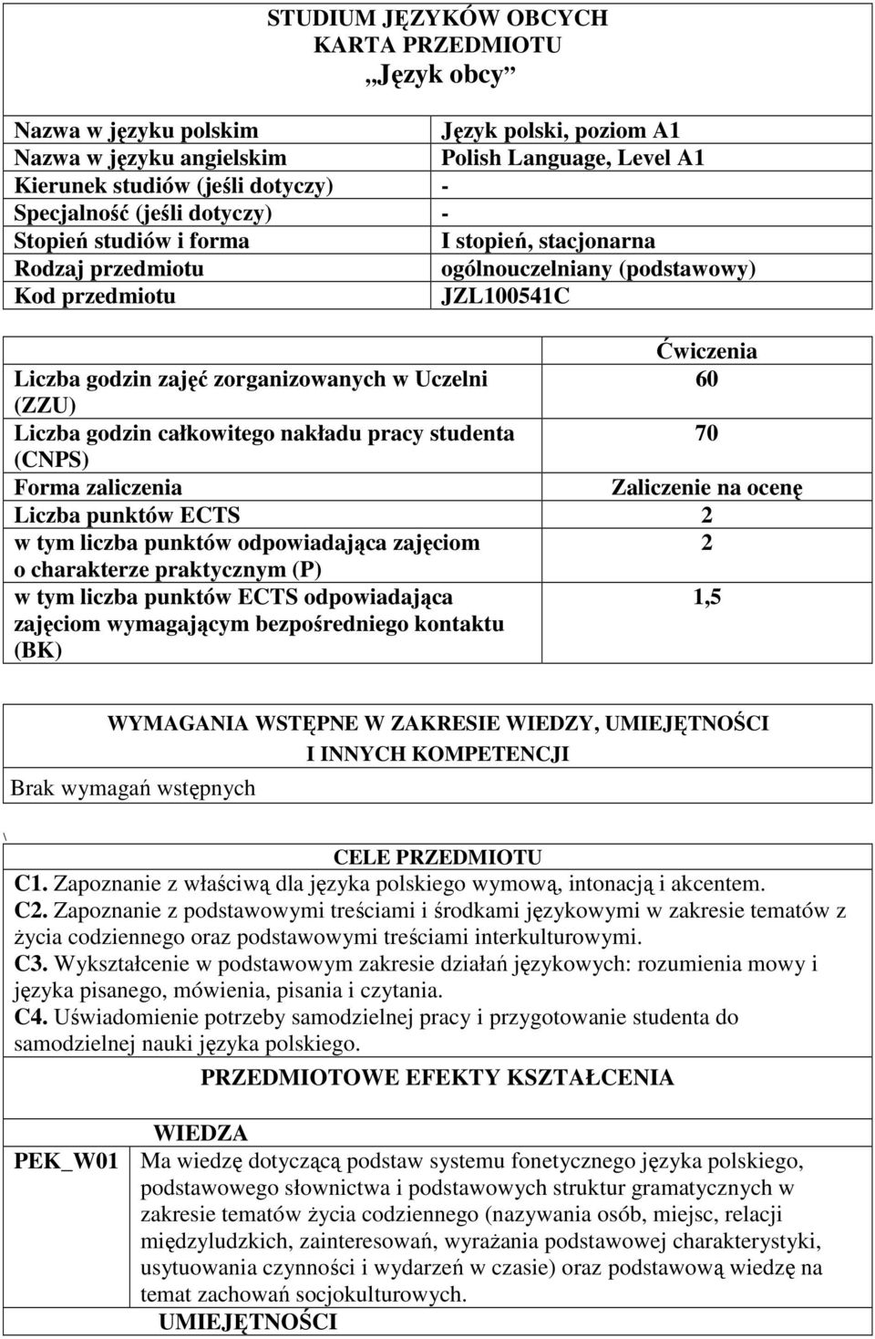 (ZZU) Liczba godzin całkowitego nakładu pracy studenta 70 (CNPS) Forma zaliczenia Zaliczenie na ocenę Liczba punktów ECTS w tym liczba punktów odpowiadająca zajęciom o charakterze praktycznym (P) w