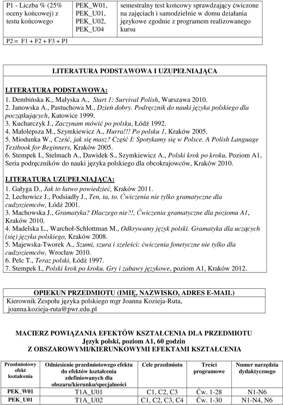 Podręcznik do nauki języka polskiego dla początkujących, Katowice 1999. 3. Kucharczyk J., Zaczynam mówić po polsku, Łódź 199.. Małolepsza M., Szymkiewicz A., Hurra!!! Po polsku 1, Kraków 005. 5.