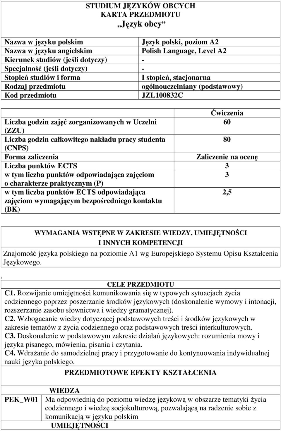 (ZZU) Liczba godzin całkowitego nakładu pracy studenta 80 (CNPS) Forma zaliczenia Zaliczenie na ocenę Liczba punktów ECTS 3 w tym liczba punktów odpowiadająca zajęciom 3 o charakterze praktycznym (P)