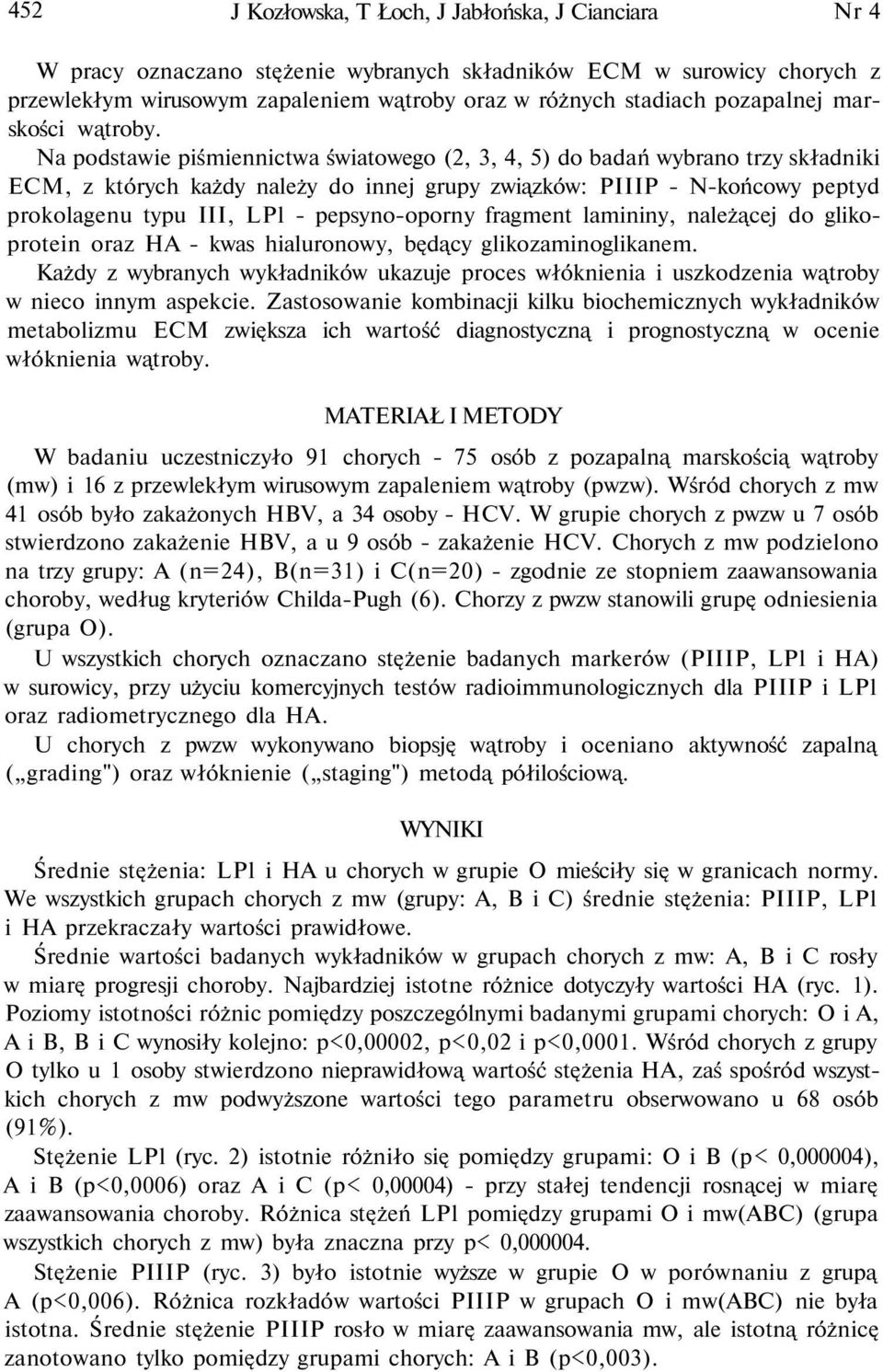 Na podstawie piśmiennictwa światowego (2, 3, 4, 5) do badań wybrano trzy składniki ECM, z których każdy należy do innej grupy związków: PIIIP - N-końcowy peptyd prokolagenu typu III, LPl -