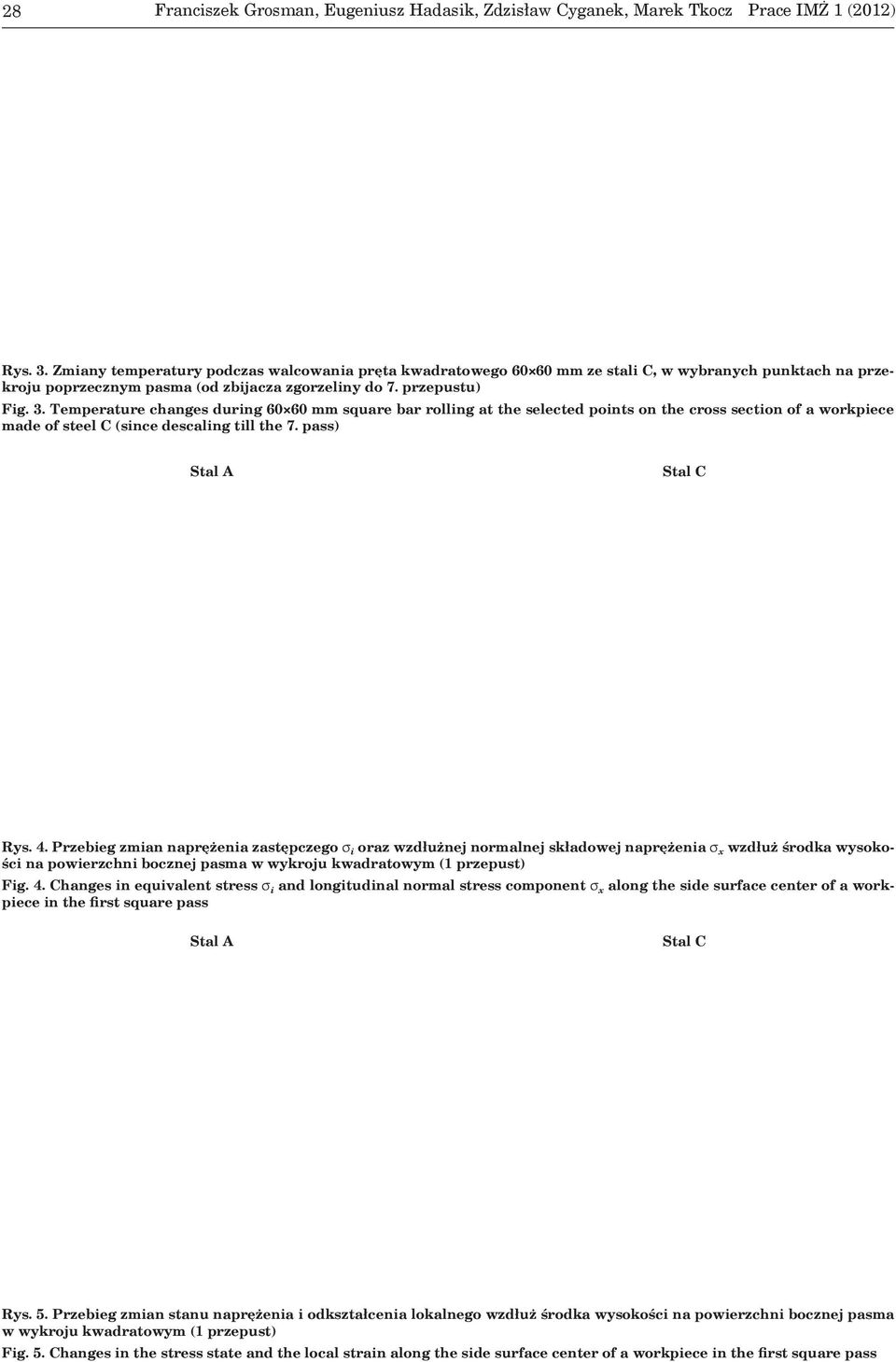Temperature changes during 60 60 mm square bar rolling at the selected points on the cross section of a workpiece made of steel C (since descaling till the 7. pass) Stal A Stal C Rys. 4.