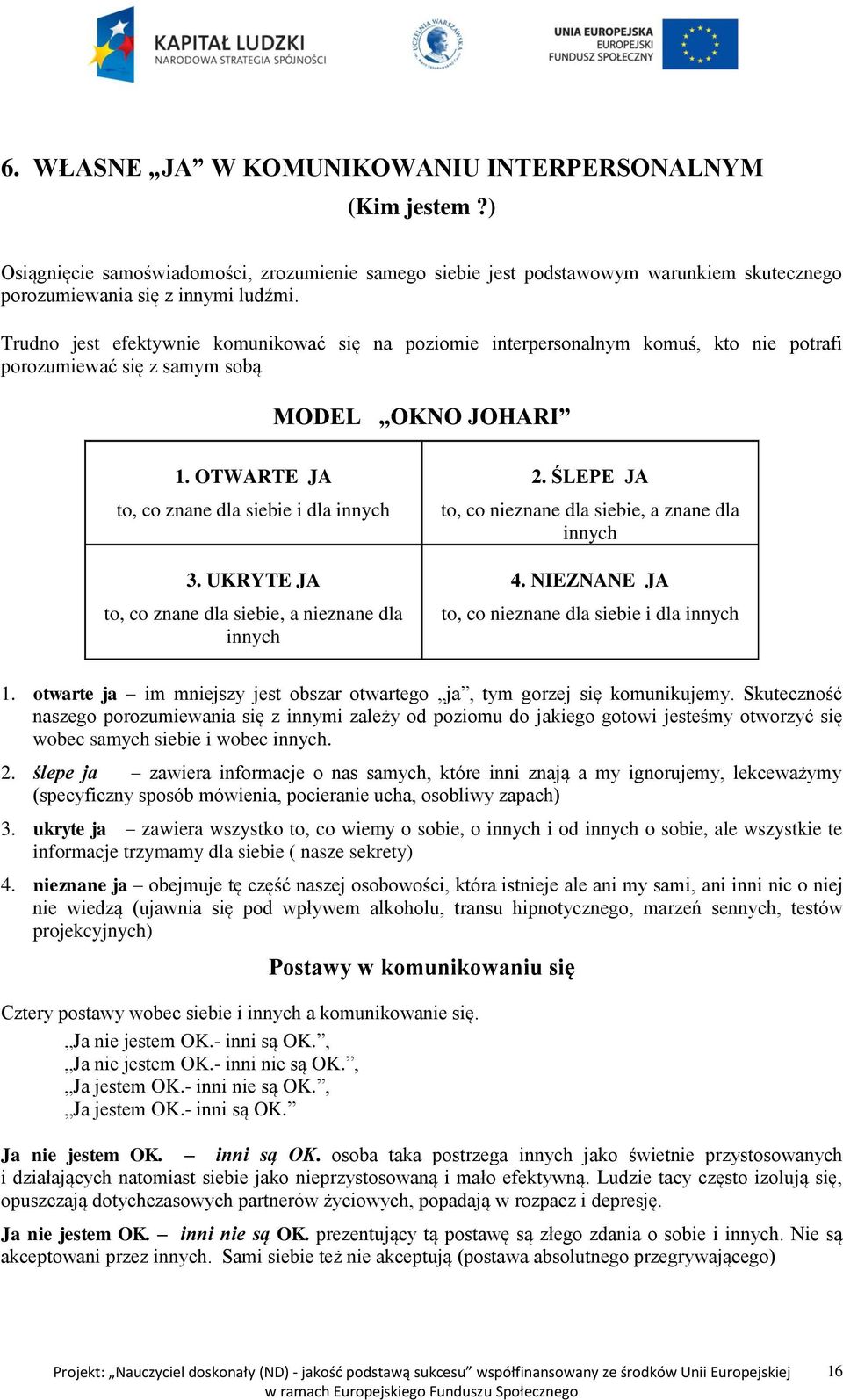 UKRYTE JA to, co znane dla siebie, a nieznane dla innych 2. ŚLEPE JA to, co nieznane dla siebie, a znane dla innych 4. NIEZNANE JA to, co nieznane dla siebie i dla innych 1.