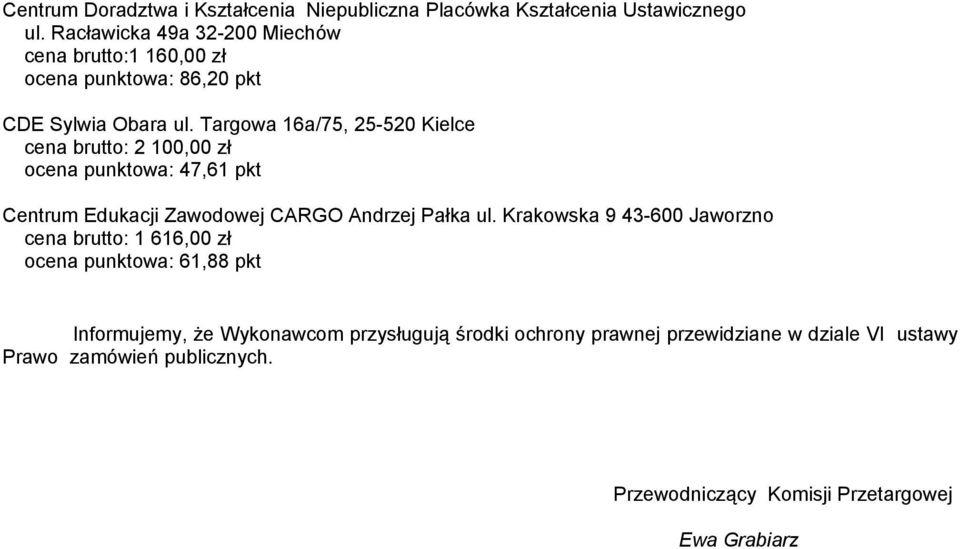 Targowa 16a/75, 25-520 Kielce cena brutto: 2 100,00 zł ocena punktowa: 47,61 pkt cena brutto: 1 616,00 zł ocena punktowa: