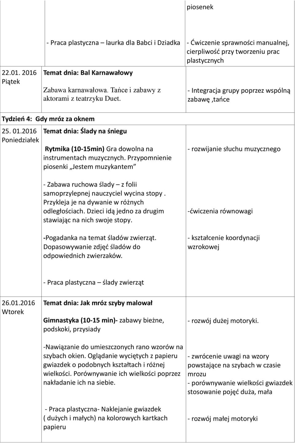 2016 Poniedziałek Temat dnia: Ślady na śniegu Rytmika (10-15min) Gra dowolna na instrumentach muzycznych.
