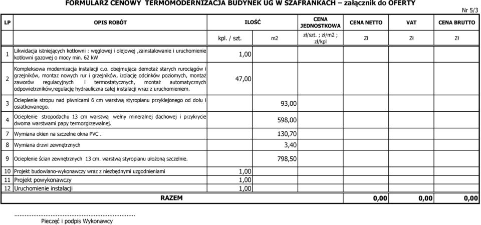 9,00 Ocieplenie stropodachu cm warstwą wełny mineralnej dachowej i przykrycie dwoma warstwami papy termozgrzewalnej. 598,00 7 Wymiana okien na szczelne okna PVC.