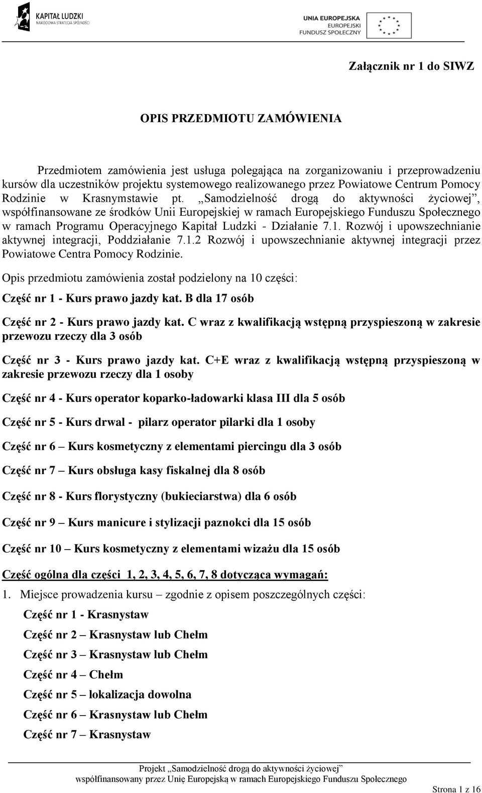 Samodzielność drogą do aktywności życiowej, współfinansowane ze środków Unii Europejskiej w ramach Europejskiego Funduszu Społecznego w ramach Programu Operacyjnego Kapitał Ludzki - Działanie 7.1.