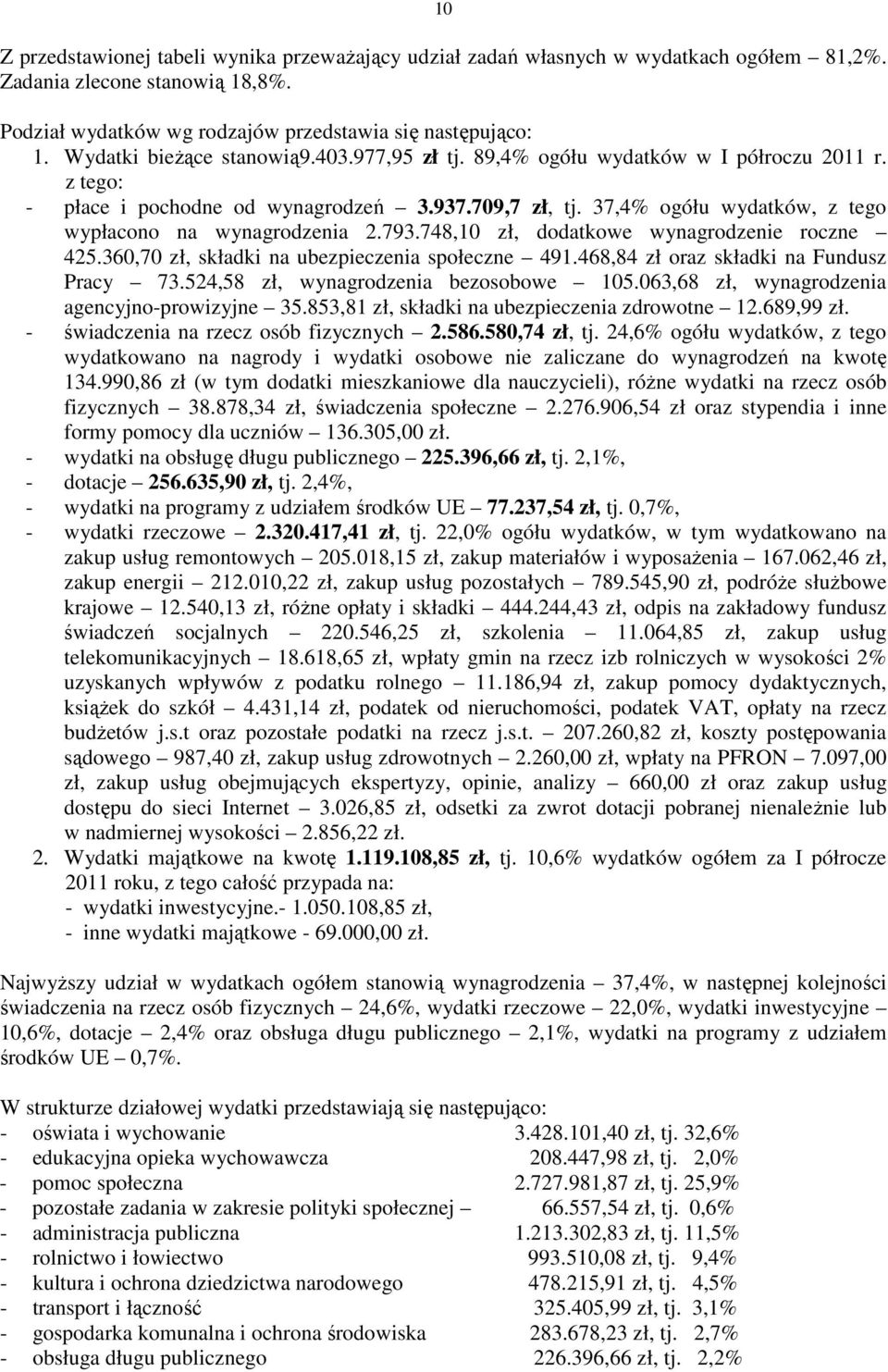 37,4% ogółu wydatków, z tego wypłacono na wynagrodzenia 2.793.748,10 zł, dodatkowe wynagrodzenie roczne 425.360,70 zł, składki na ubezpieczenia społeczne 491.