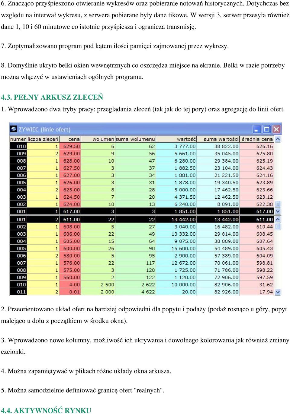 Domyślnie ukryto belki okien wewnętrznych co oszczędza miejsce na ekranie. Belki w razie potrzeby można włączyć w ustawieniach ogólnych programu. 4.3. PEŁNY ARKUSZ ZLECEŃ 1.