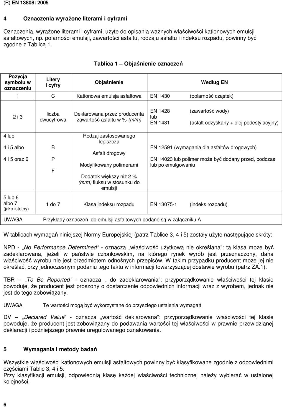 Pozycja symbolu w oznaczeniu Litery i cyfry Tablica 1 Objaśnienie oznaczeń Objaśnienie Według EN 1 C Kationowa emulsja asfaltowa EN 1430 (polarność cząstek) 2 i 3 liczba dwucyfrowa Deklarowana przez