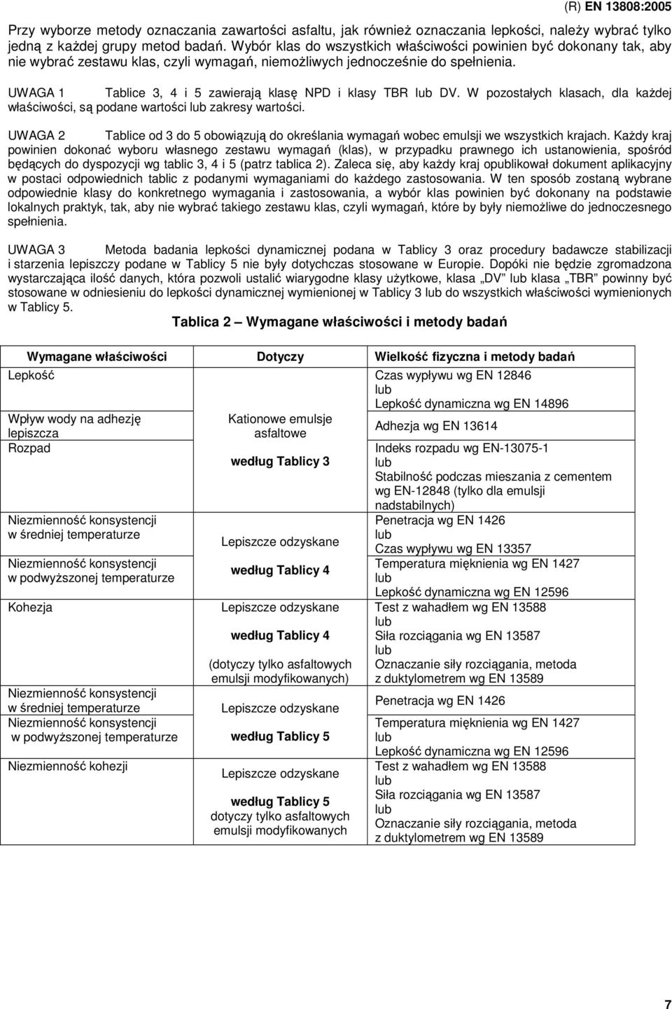 UWAGA 1 Tablice 3, 4 i 5 zawierają klasę NPD i klasy TBR DV. W pozostałych klasach, dla kaŝdej właściwości, są podane wartości zakresy wartości.