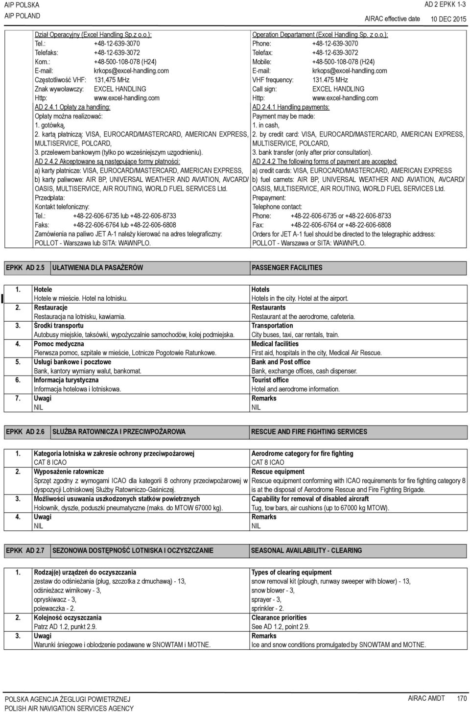 com VHF frequency: 131.475 MHz Call sign: EXCEL HANDLING Http: www.excel-handling.com AD 2.4.1 Opłaty za handling: AD 2.4.1 Handling payments: Opłaty można realizować: Payment may be made: 1.