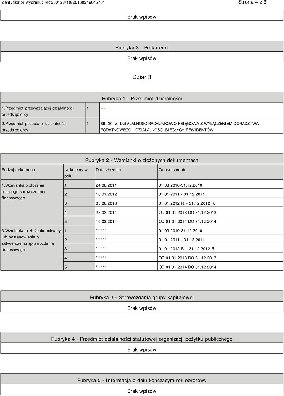 złożonych dokumentach Rodzaj dokumentu Nr kolejny w polu Data złożenia Za okres od do 1.Wzmianka o złożeniu rocznego sprawozdania finansowego 1 24.08.2011 01.03.2010-31.12.2010 2 10.01.2012 01.01.2011-31.