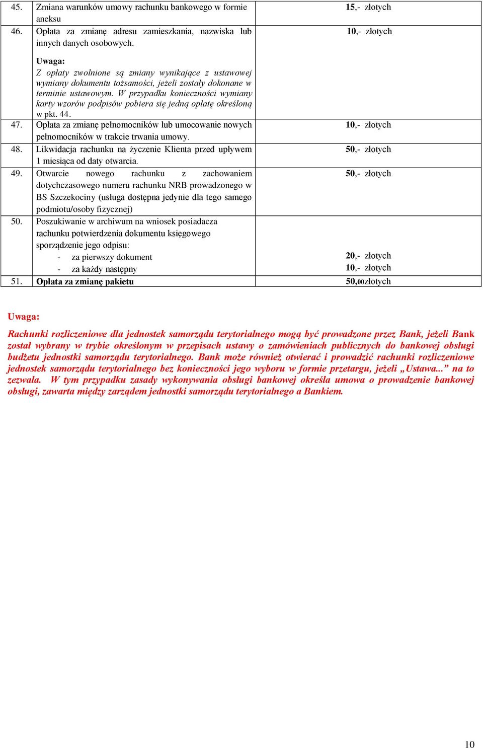 W przypadku konieczności wymiany karty wzorów podpisów pobiera się jedną opłatę określoną w pkt. 44. 47. Opłata za zmianę pełnomocników lub umocowanie nowych pełnomocników w trakcie trwania umowy. 48.