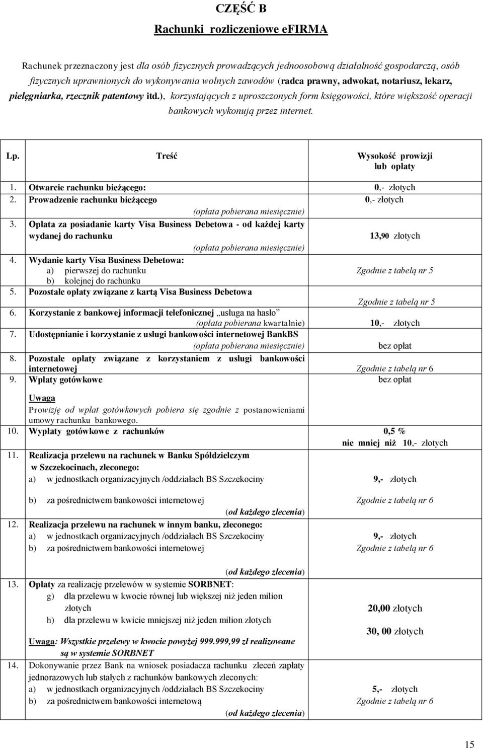 Treść Wysokość prowizji lub opłaty 1. Otwarcie rachunku bieżącego: 0,- złotych 2. Prowadzenie rachunku bieżącego 0,- złotych (opłata pobierana miesięcznie) 3.