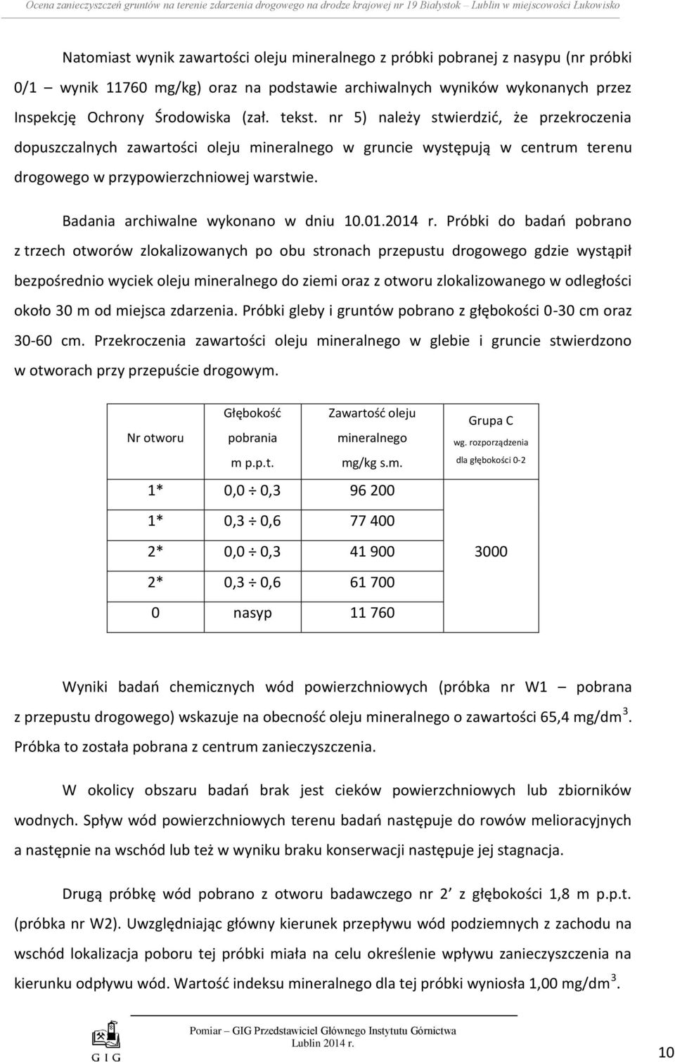 nr 5) należy stwierdzić, że przekroczenia dopuszczalnych zawartości oleju mineralnego w gruncie występują w centrum terenu drogowego w przypowierzchniowej warstwie.