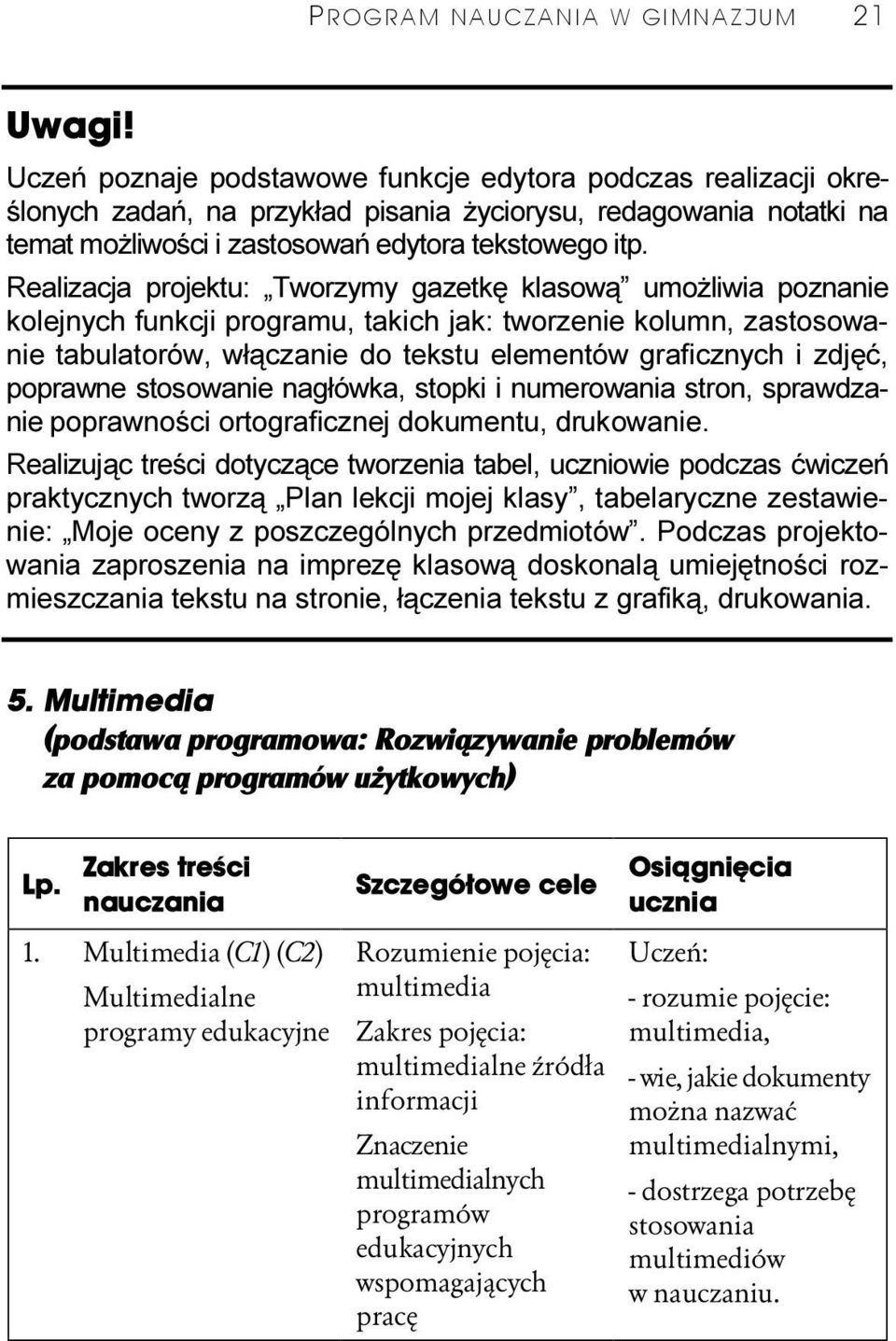 Realizacja projektu: Tworzymy gazetkę klasową umożliwia poznanie kolejnych funkcji programu, takich jak: tworzenie kolumn, zastosowanie tabulatorów, włączanie do tekstu elementów graficznych i zdjęć,