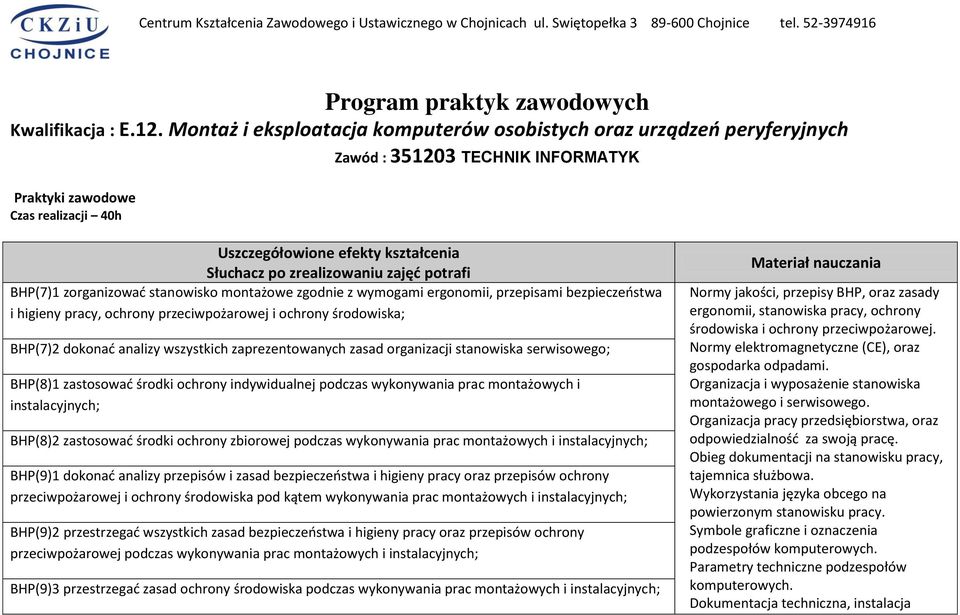 zrealizowaniu zajęć potrafi BHP(7)1 zorganizować stanowisko montażowe zgodnie z wymogami ergonomii, przepisami bezpieczeństwa i higieny pracy, ochrony przeciwpożarowej i ochrony środowiska; BHP(7)2