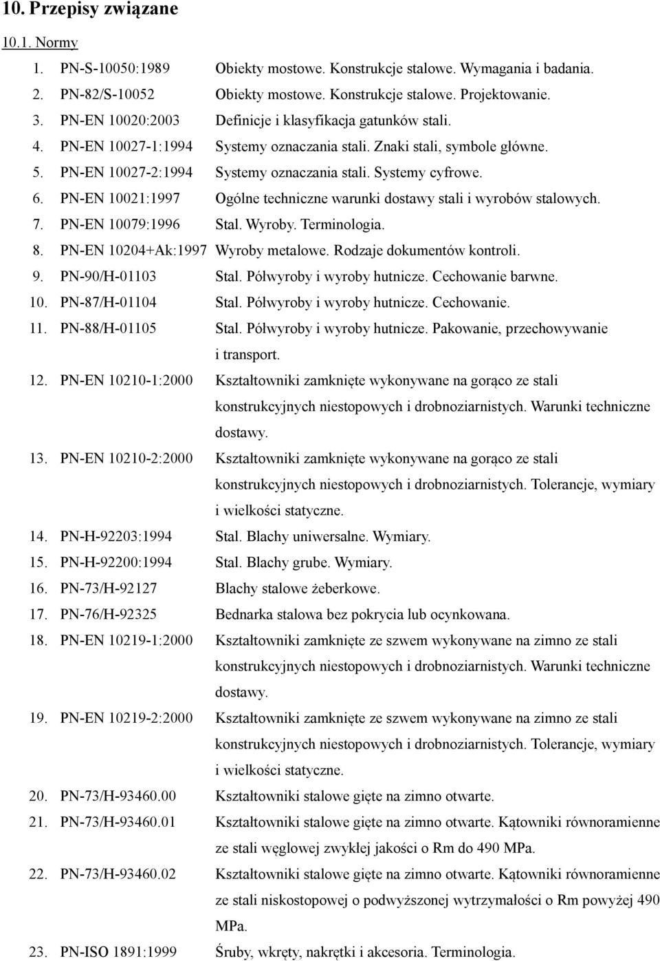 6. PN-EN 10021:1997 Ogólne techniczne warunki dostawy stali i wyrobów stalowych. 7. PN-EN 10079:1996 Stal. Wyroby. Terminologia. 8. PN-EN 10204+Ak:1997 Wyroby metalowe. Rodzaje dokumentów kontroli. 9.