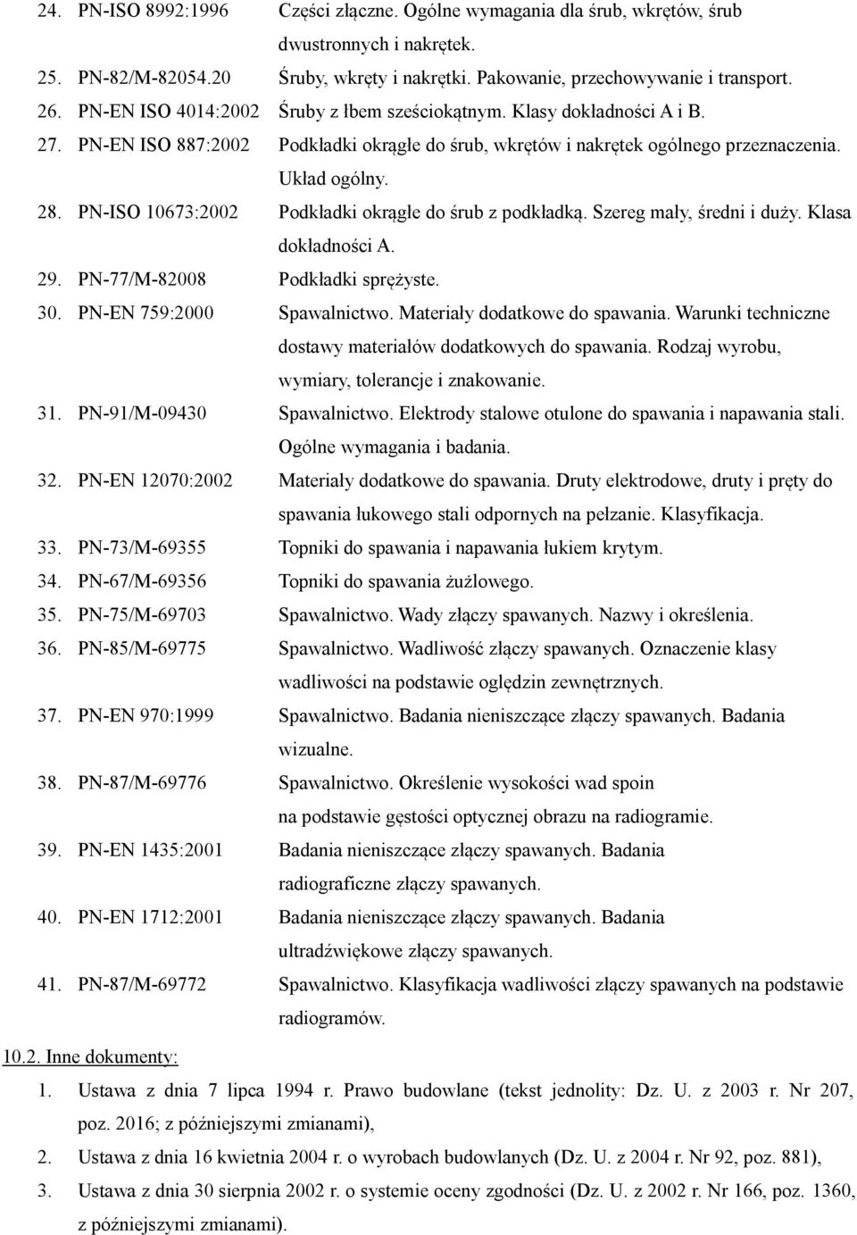 PN-ISO 10673:2002 Podkładki okrągłe do śrub z podkładką. Szereg mały, średni i duży. Klasa dokładności A. 29. PN-77/M-82008 Podkładki sprężyste. 30. PN-EN 759:2000 Spawalnictwo.