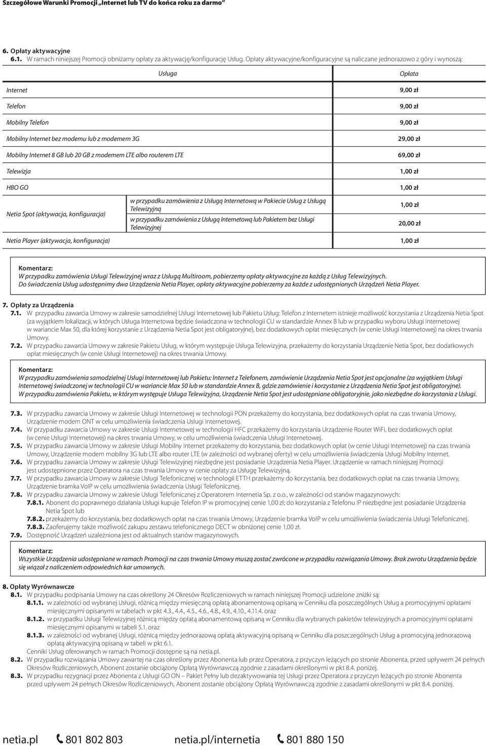 LTE albo routerem LTE Telewizja 9,00 zł 9,00 zł 9,00 zł 29,00 zł 69,00 zł 1,00 zł HBO GO Netia Spot (aktywacja, konfiguracja) Netia Player (aktywacja, konfiguracja) w przypadku zamówienia z Usługą