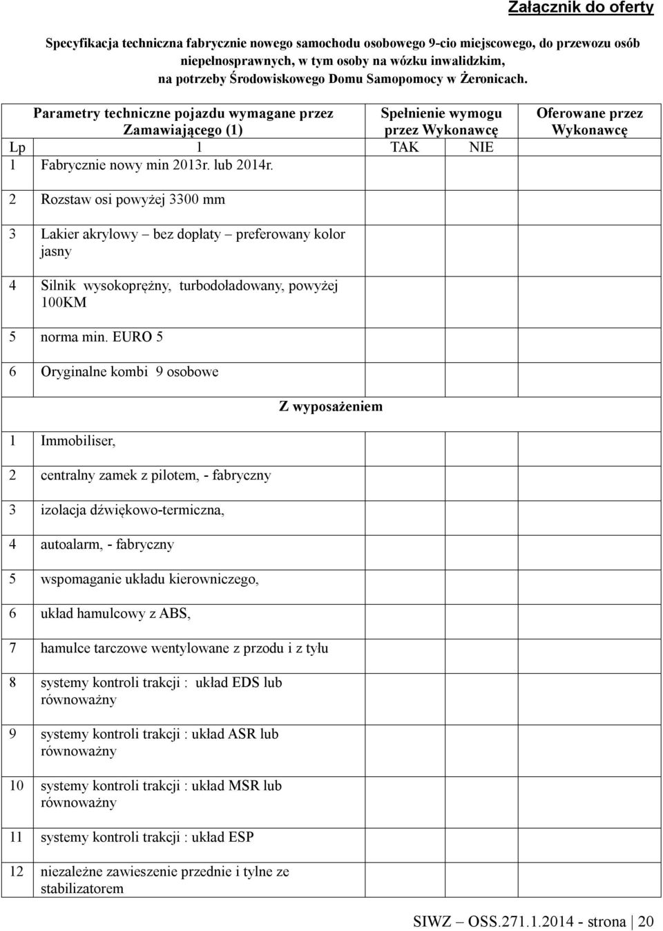 Oferowane przez Wykonawcę 2 Rozstaw osi powyżej 3300 mm 3 Lakier akrylowy bez dopłaty preferowany kolor jasny 4 Silnik wysokoprężny, turbodoładowany, powyżej 100KM 5 norma min.