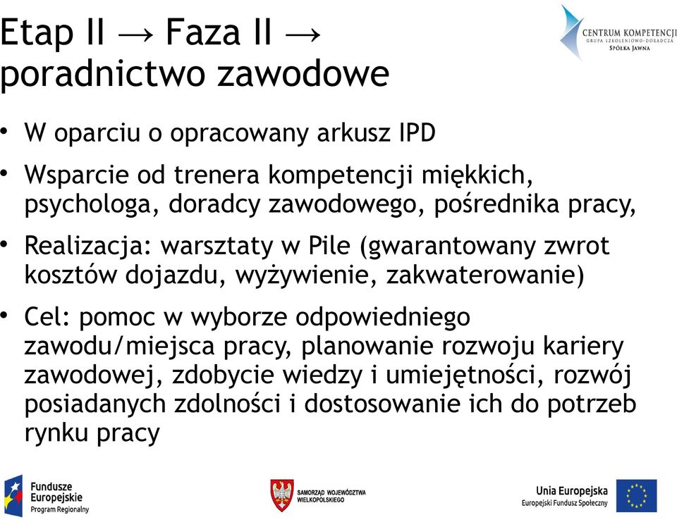 dojazdu, wyżywienie, zakwaterowanie) Cel: pomoc w wyborze odpowiedniego zawodu/miejsca pracy, planowanie rozwoju