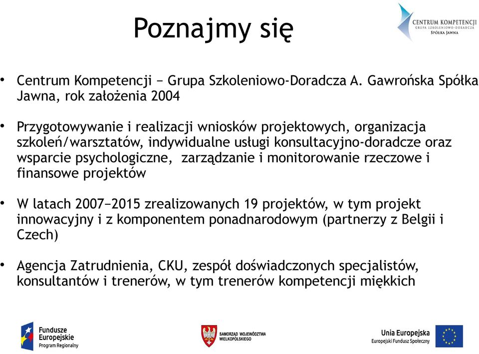 usługi konsultacyjno-doradcze oraz wsparcie psychologiczne, zarządzanie i monitorowanie rzeczowe i finansowe projektów W latach 2007 2015