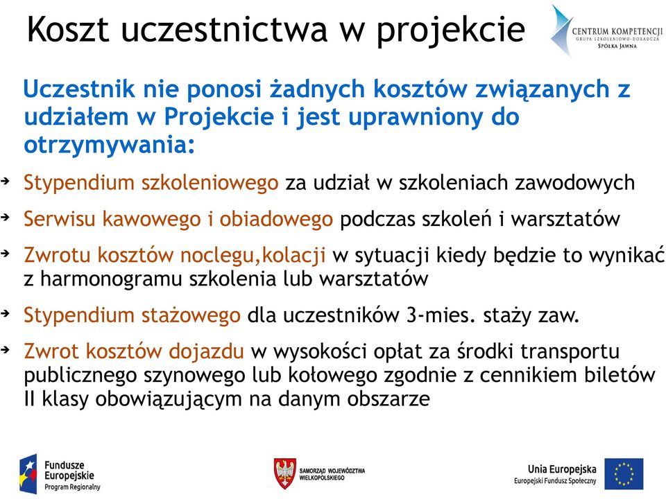 noclegu,kolacji w sytuacji kiedy będzie to wynikać z harmonogramu szkolenia lub warsztatów Stypendium stażowego dla uczestników 3-mies. staży zaw.