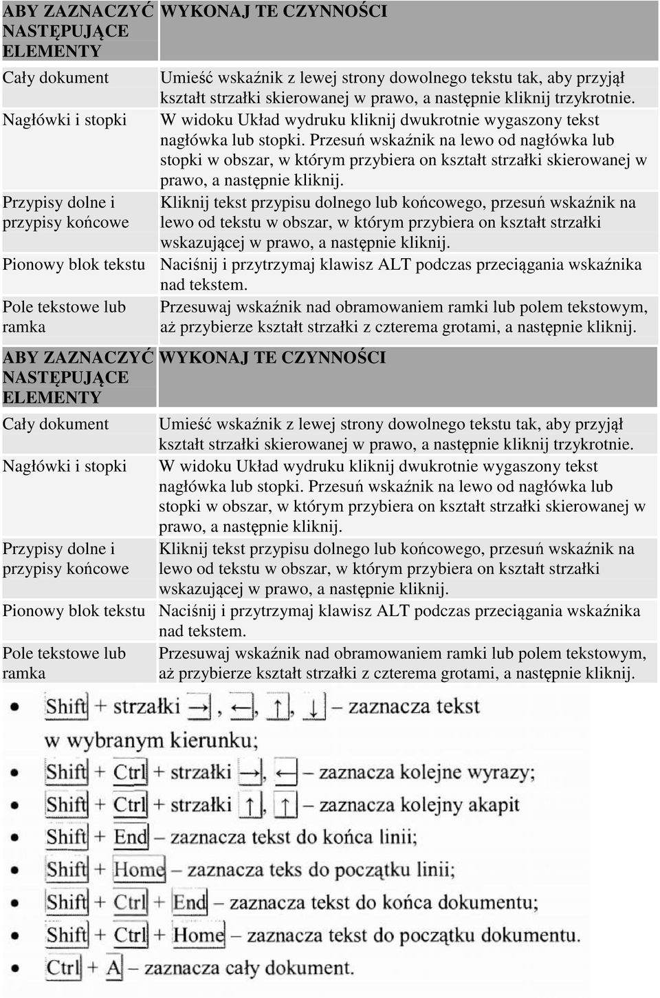 Przesuń wskaźnik na lewo od nagłówka lub stopki w obszar, w którym przybiera on kształt strzałki skierowanej w prawo, a następnie kliknij.