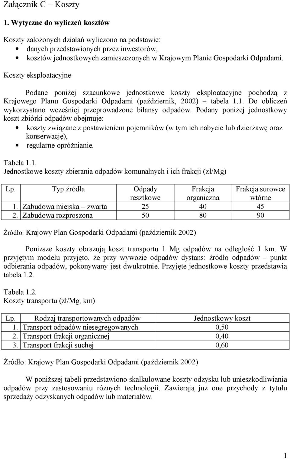 Koszty eksploatacyjne Podane poniżej szacunkowe jednostkowe koszty eksploatacyjne pochodzą z Krajowego Planu Gospodarki Odpadami (październik, 2002) tabela 1.