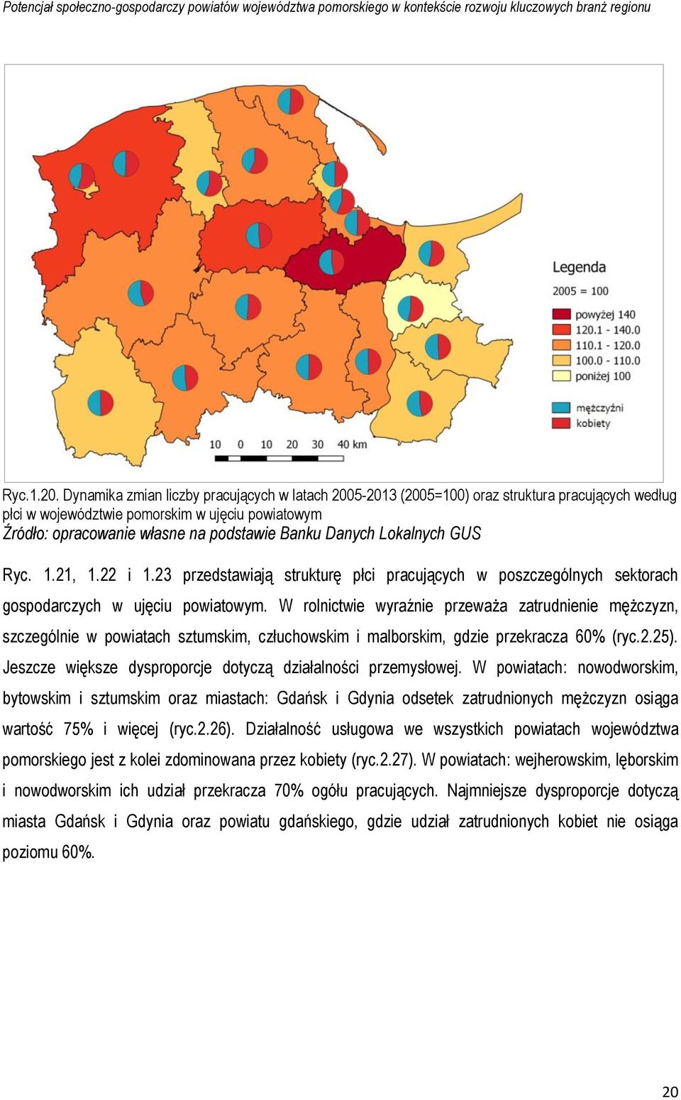 W rolnictwie wyraźnie przeważa zatrudnienie mężczyzn, szczególnie w powiatach sztumskim, człuchowskim i malborskim, gdzie przekracza 60% (ryc.2.25).