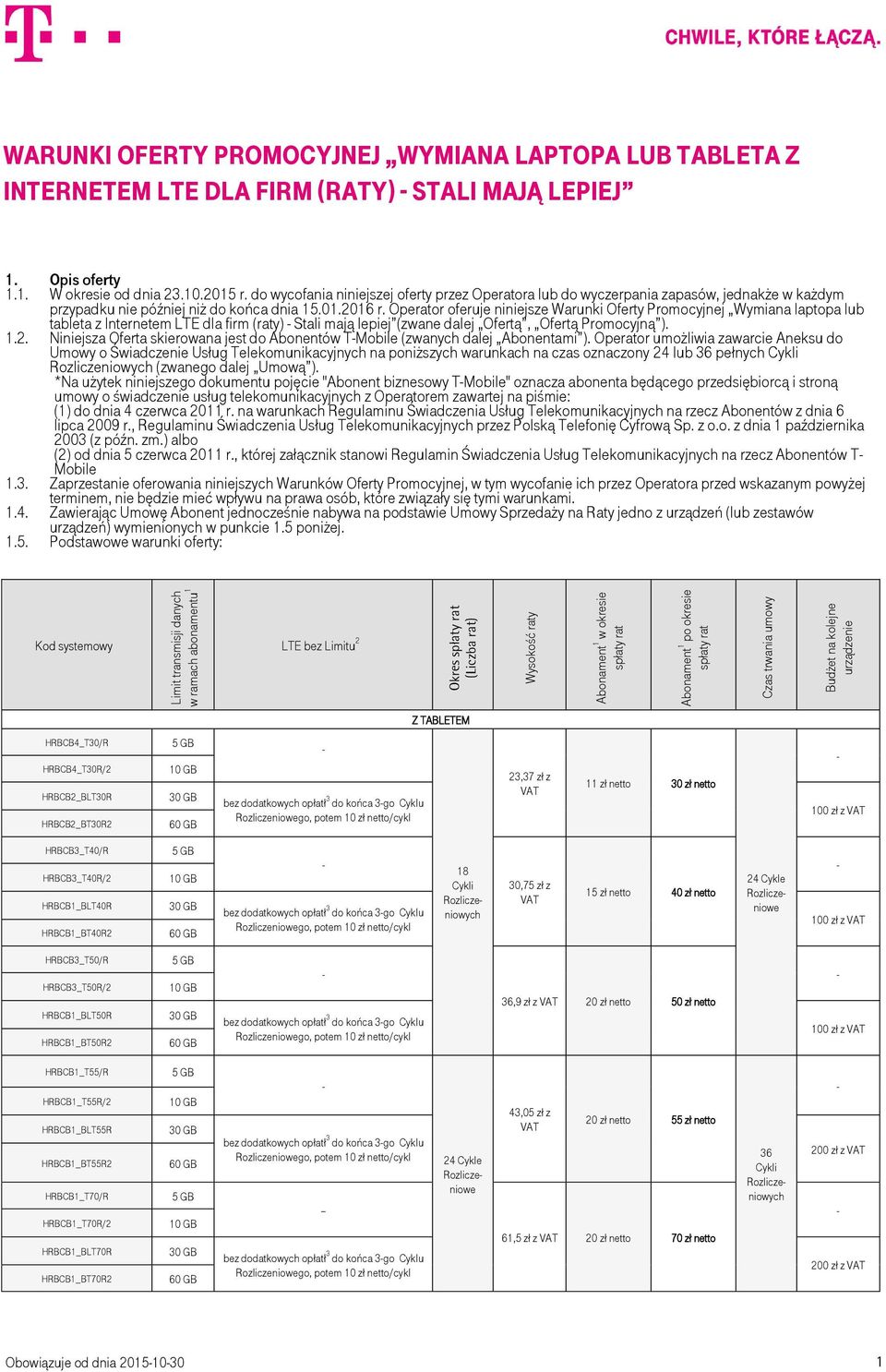 do wycofania niniejszej oferty przez Operatora lub do wyczerpania zapasów, jednakże w każdym przypadku nie później niż do końca dnia 15.01.2016 r.