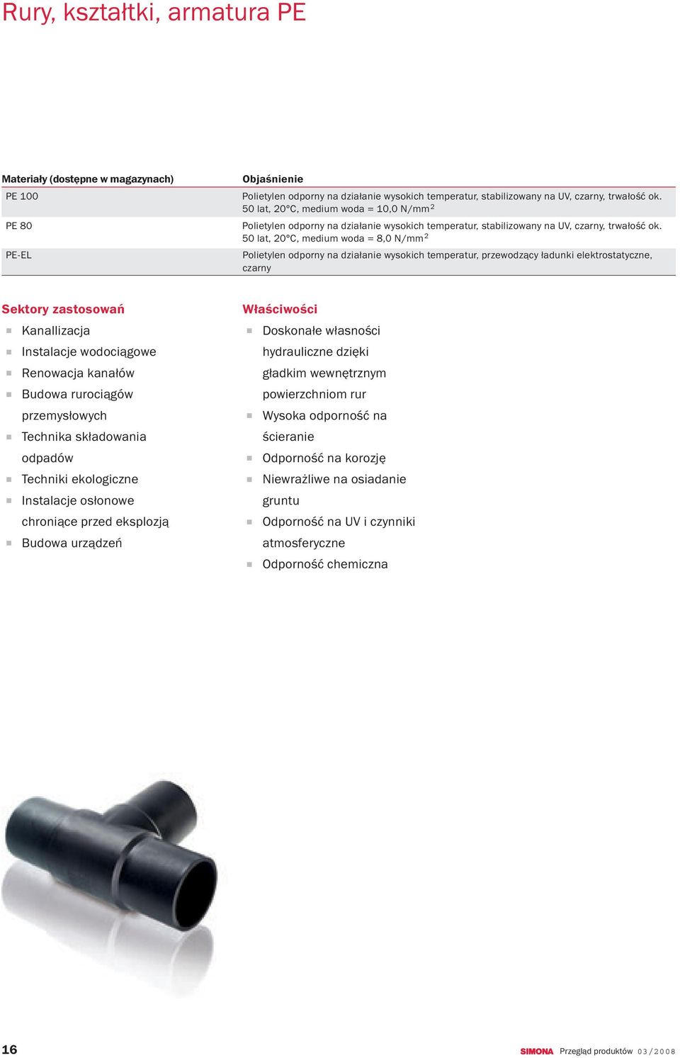 50 lat, 20 C, medium woda = 8,0 N/mm 2 Polietylen odporny na działanie wysokich temperatur, przewodzący ładunki elektrostatyczne, czarny Sektory zastosowań Kanallizacja Instalacje wodociągowe