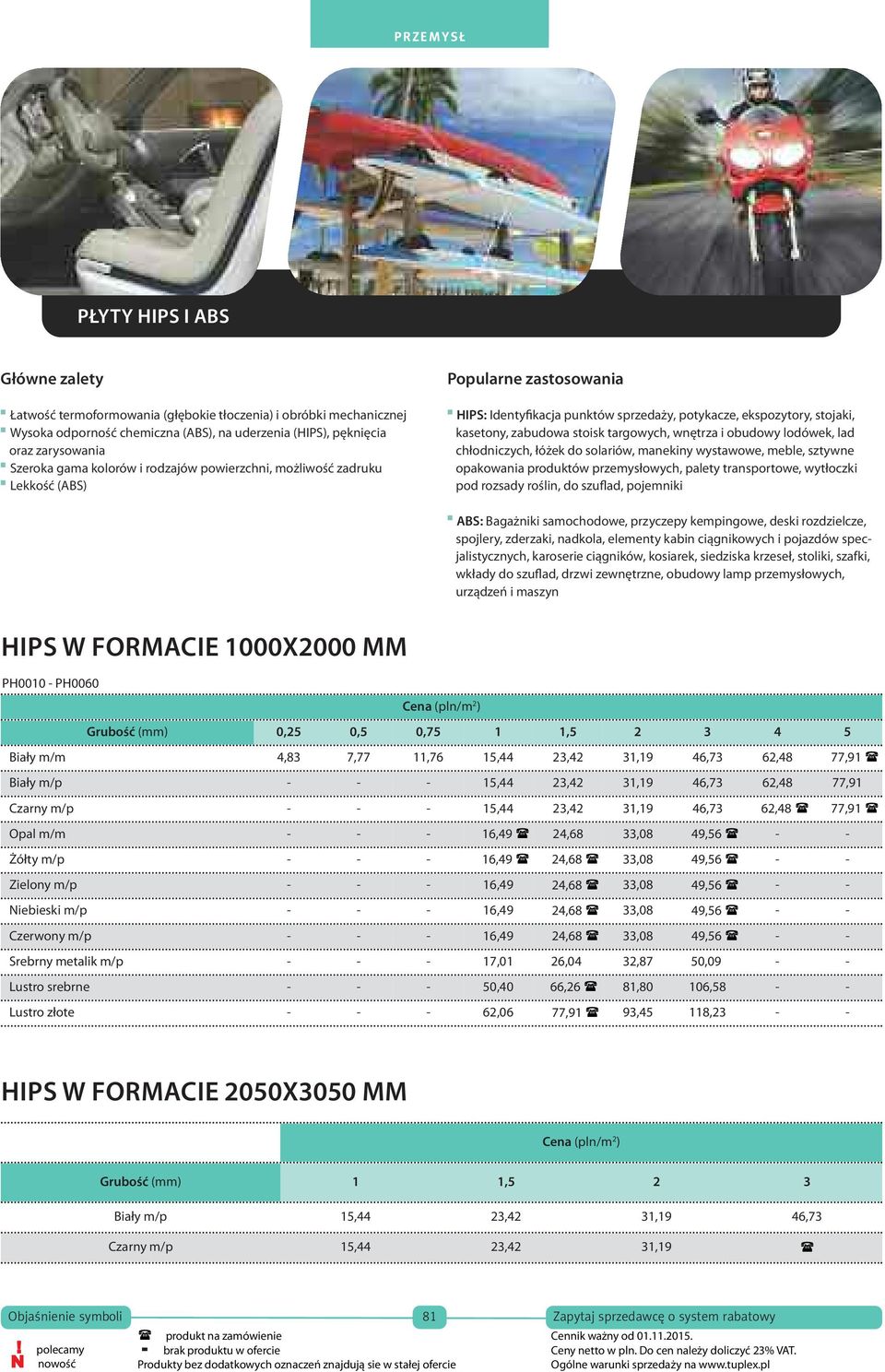 łóżek do solariów, manekiny wystawowe, meble, sztywne opakowania produktów przemysłowych, palety transportowe, wytłoczki pod rozsady roślin, do szuflad, pojemniki ABS: Bagażniki samochodowe,