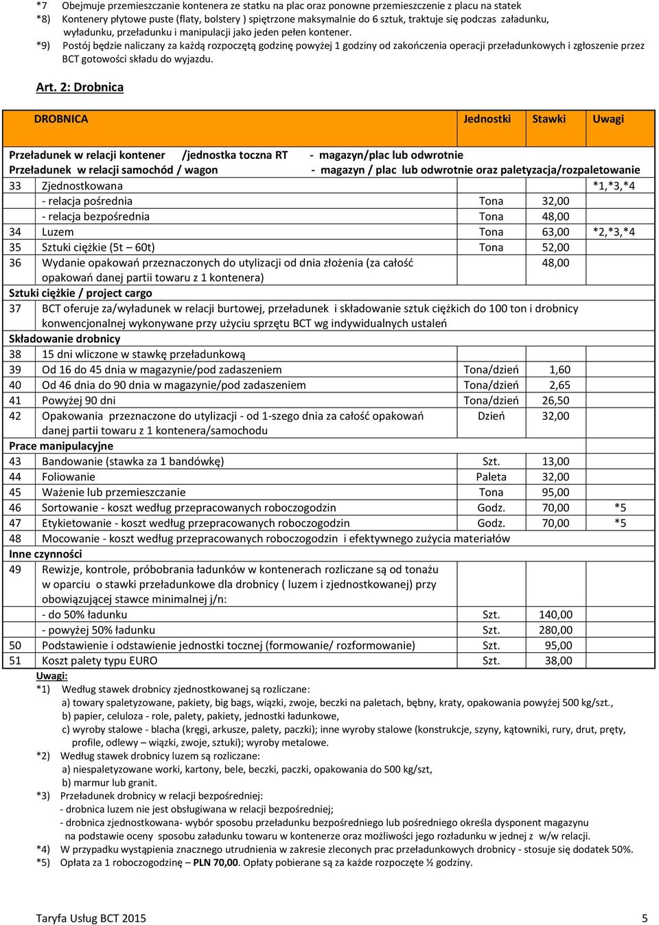 *9) Postój będzie naliczany za każdą rozpoczętą godzinę powyżej 1 godziny od zakończenia operacji przeładunkowych i zgłoszenie przez BCT gotowości składu do wyjazdu. Art.