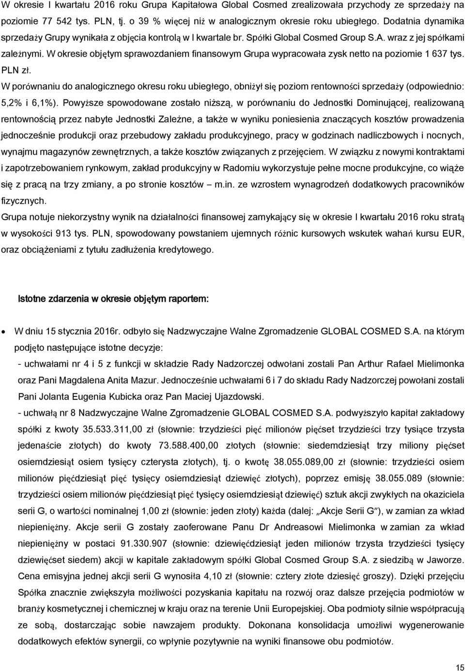 W okresie objętym sprawozdaniem finansowym Grupa wypracowała zysk netto na poziomie 1 637 tys. PLN zł.