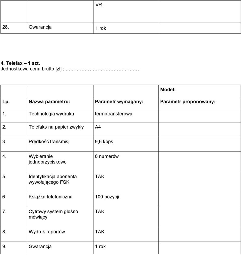 Telefaks na papier zwykły A4 3. Prędkość transmisji 9,6 kbps 4. Wybieranie jednoprzyciskowe 6 numerów 5.