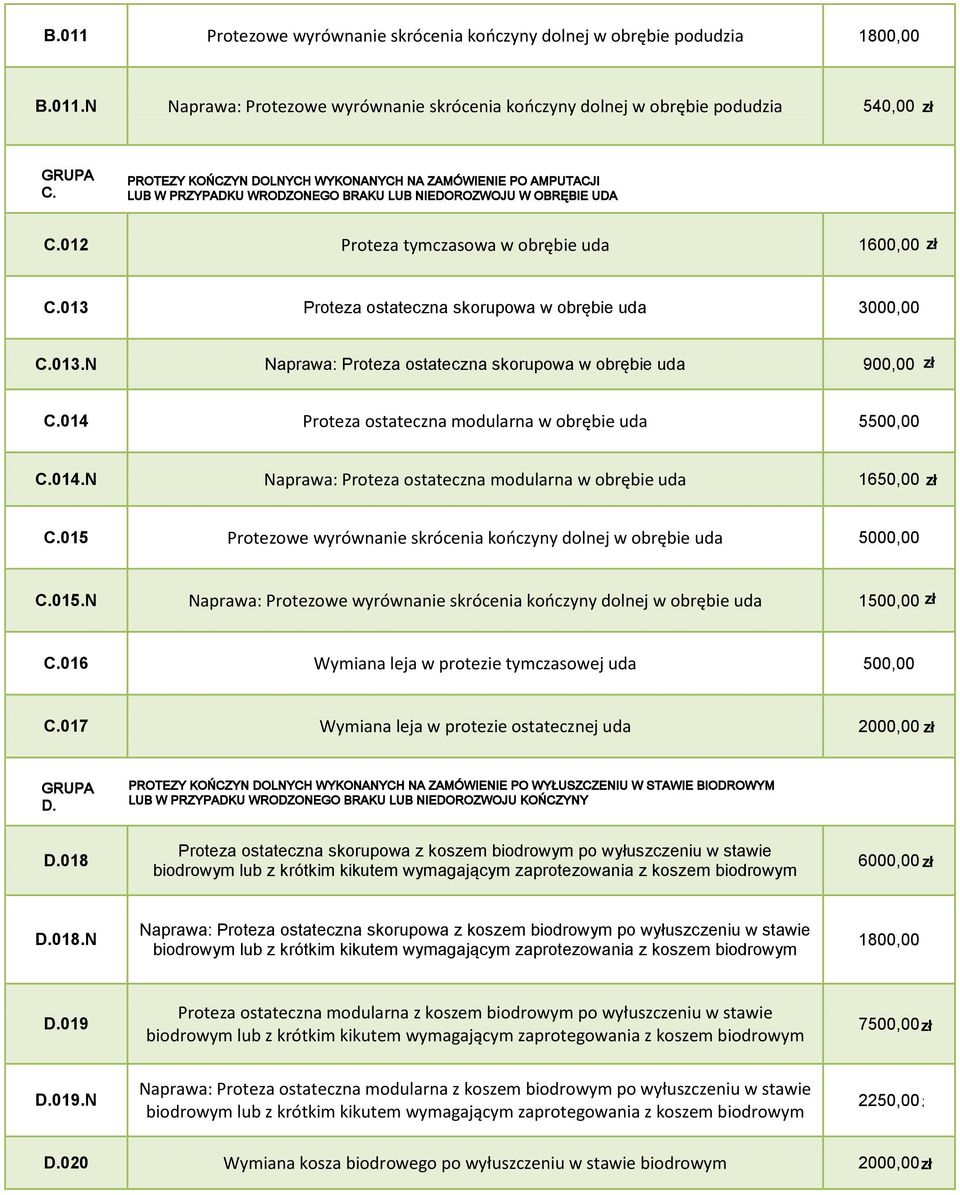 N Naprawa: Protezowe wyrównanie skrócenia kończyny dolnej w obrębie podudzia 540,00 "C" - WYROBY MEDYCZNE NA ZAMÓWIENIE PO AMPUTACJI, WRODZONEGO BRAKU LUB NIEDOROZWOJU W PROTEZY KOŃCZYN DOLNYCH