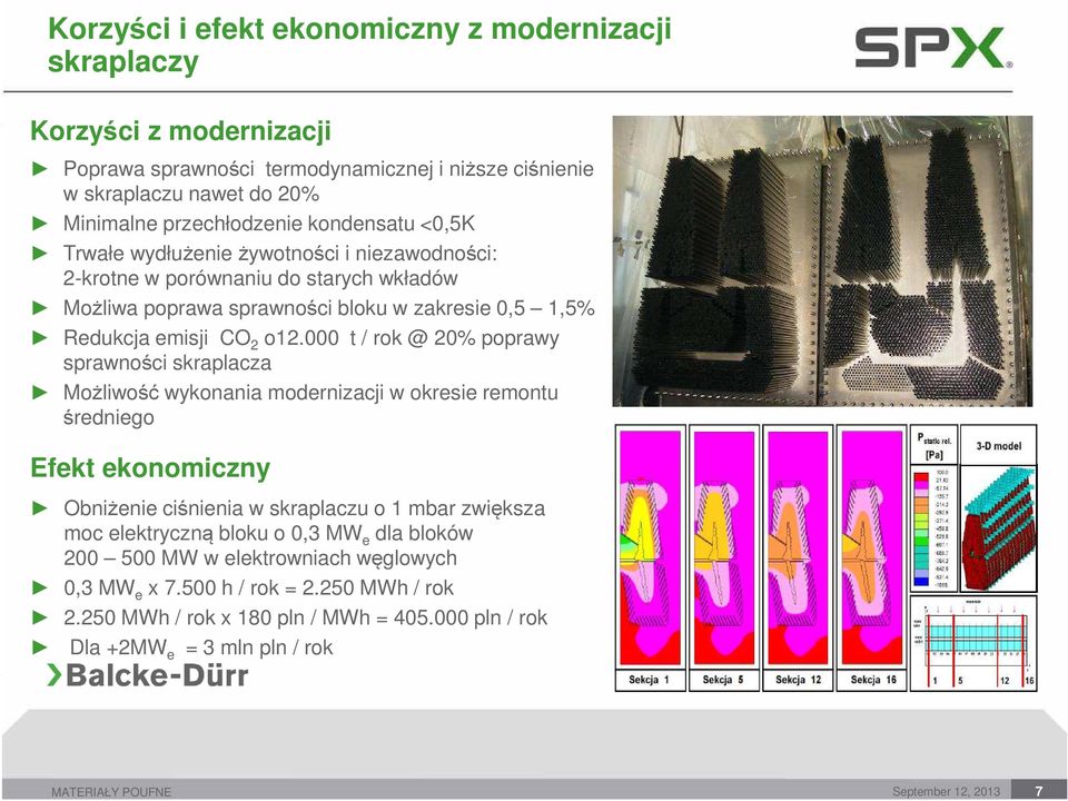 000 t / rok @ 20% poprawy sprawności skraplacza Możliwość wykonania modernizacji w okresie remontu średniego Efekt ekonomiczny Obniżenie ciśnienia w skraplaczu o 1 mbar zwiększa moc elektryczną