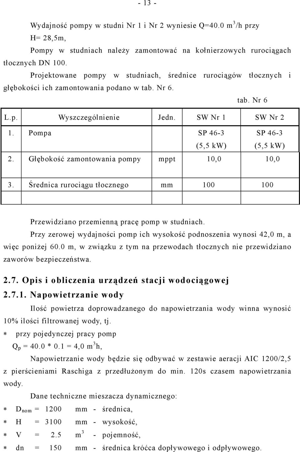 Pompa SP 46-3 (5,5 kw) SP 46-3 (5,5 kw) 2. Głębokość zamontowania pompy mppt 10,0 10,0 3. Średnica rurociągu tłocznego mm 100 100 Przewidziano przemienną pracę pomp w studniach.