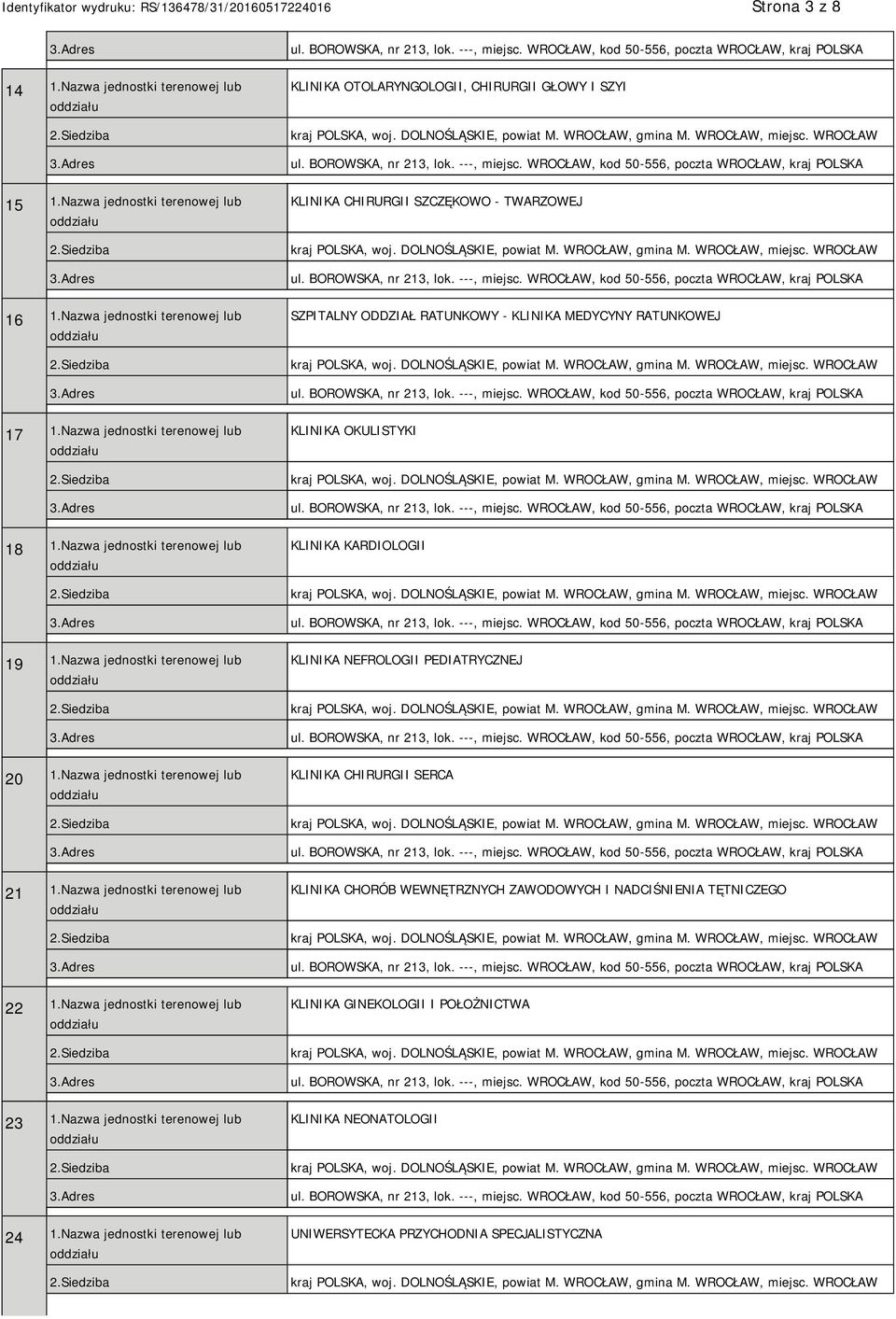 Nazwa jednostki terenowej lub KLINIKA OTOLARYNGOLOGII, CHIRURGII GŁOWY I SZYI KLINIKA CHIRURGII SZCZĘKOWO - TWARZOWEJ SZPITALNY ODDZIAŁ RATUNKOWY - KLINIKA MEDYCYNY RATUNKOWEJ KLINIKA OKULISTYKI